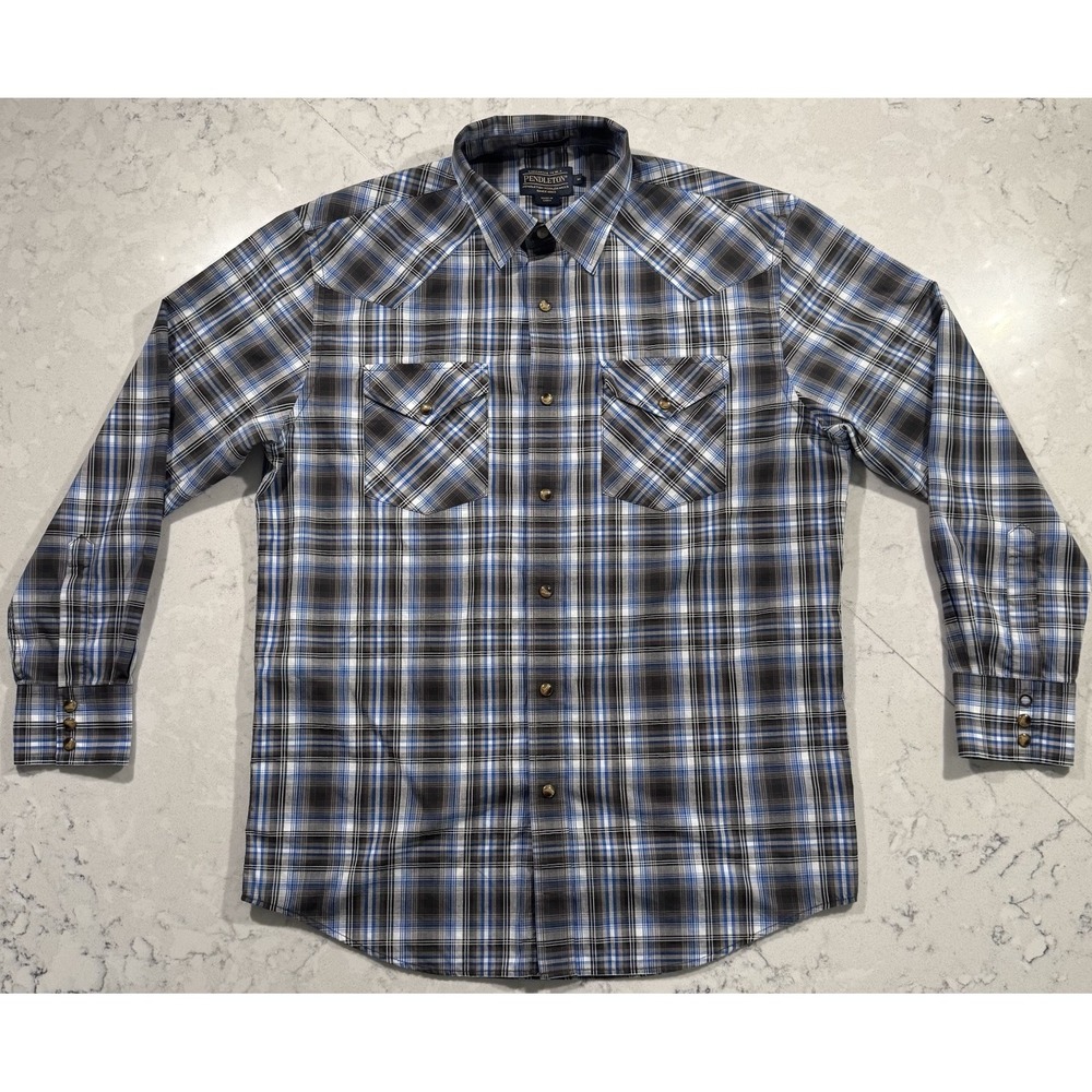 Pendleton Frontier Pearl Snap Western Shirt Mens Medium Blue Plaid Long Sleeve